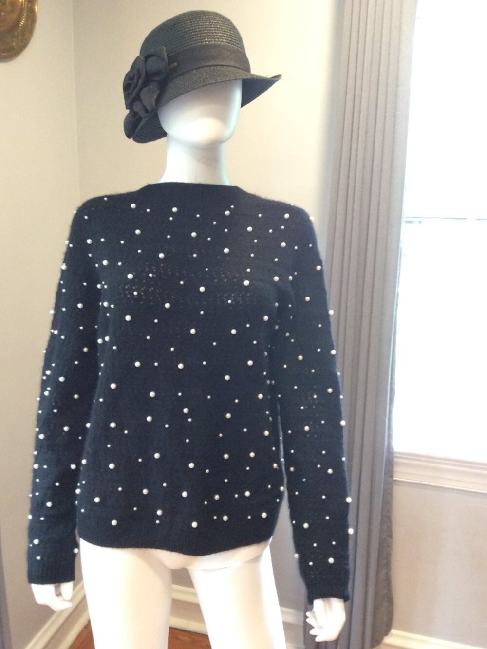 Aqua Cashmere Black Pearl Studded Sweater Luxury Designer Knit Top
